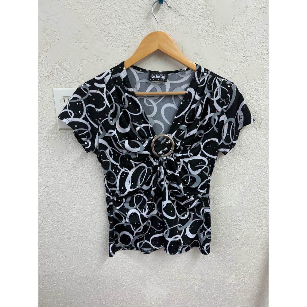 y2k Black and White Stretchy Double Take Top Rhinestones Petite Medium